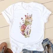 Floral Cat T shirt 夏季个性花朵猫咪印花T恤女小众风女装夏