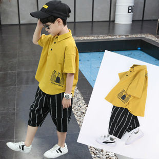 儿童套装夏季中大童男童衬衫男孩短袖帅气洋气韩版衬衣两件套潮衣