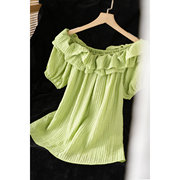 夏季的颜色 定织青草绿自带肌理女一字领双层荷叶边衬衫上衣86711