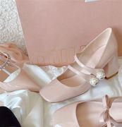 裸粉色高跟玛丽珍鞋女2023春夏漆皮，法式方头水钻珍珠粗跟单鞋