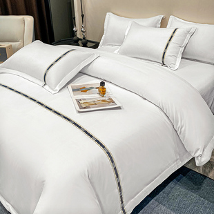 酒店宾馆床上用品四件套民宿纯白色，被套床单布草非全棉，纯棉三件套