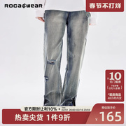 Rocawear潮牌黄泥染破洞牛仔裤男女美式高街水洗做旧复古直筒长裤