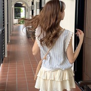 韩国东大门法式复古夏季方领T恤无袖蕾丝边竖条纹背心上衣女