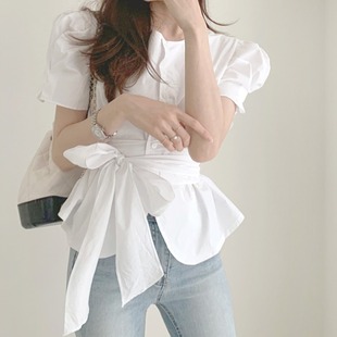 韩国chic夏季法式小众不规则单排扣圆领绑带收腰泡泡袖衬衫上衣女