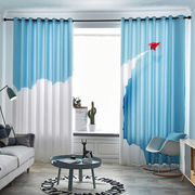 窗帘儿童房可爱卡通，蓝色窗帘布料男孩女孩，卧室小孩房间遮光布