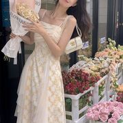 超仙法式吊带连衣裙女2023夏季气质碎花钉珠设计感网纱裙子
