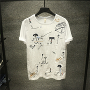 Himan小众设计刺绣创意趣味大圆领T恤男日系复古棉质宽松短袖潮