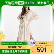 香港直邮潮奢 ASOS 女士设计棉质钩花褶纹复古奶油色长款连衣裙