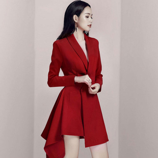 长袖红色小礼服裙子西装连衣裙，西服女时尚高腰气质春秋不规则韩版