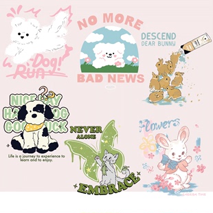 趣味可爱卡通 粉色兔子蝴蝶印花T恤卫衣图案热转印白墨烫画耐水洗