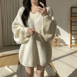 韩国ins秋冬复古v领长袖针织衫，女外穿慵懒宽松显瘦中长款套头毛衣