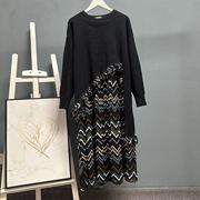 欧美潮牌时尚假两件针织拼接雪纺印花洋气设计感连衣裙0401
