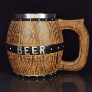 德国木桶啤酒杯创意酒吧扎啤杯，个性大容量不锈钢，水杯复古马克杯