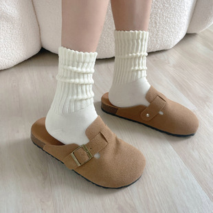 白色堆堆袜子女春秋季纯棉中筒袜，日系粗线复古针织长袜毛线高筒袜(高筒袜)