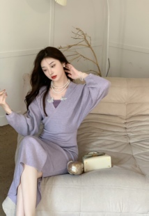 mimodk浪漫少女心紫色显肤白气质(白气质，)优雅性感包臀蝙蝠袖针织连衣裙