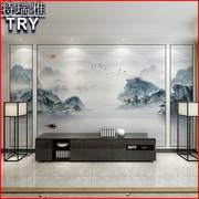 新中式石纹山水风景背景墙艺术，壁纸客厅沙发定制卧室壁画无缝墙布
