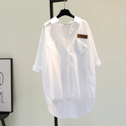 白色天丝棉中长款衬衫女2023秋季韩版单口袋，七分袖衬衣上衣潮