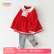 小女童宝宝春装两件套装外穿春秋季3婴儿童，0一1周岁红色新年衣服3