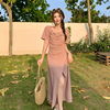 大码女装夏季方(夏季方)领名媛风连衣裙纯色，套头遮肉大码长款连衣裙