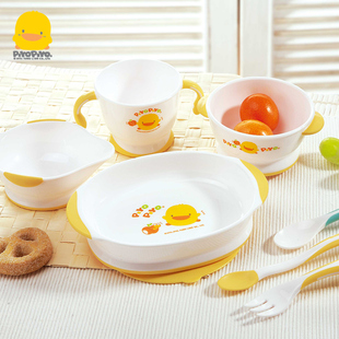 黄色小鸭宝宝饭碗婴幼儿学习带手柄碗防摔辅食碗新生儿研磨用勺子