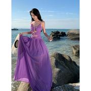solenelara紫色雪纺性感抹胸脖，吊带镂空连衣裙海边度假旅游穿搭沙