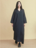姜欢设计黑色纯麻，条纹宽松长款长袖通勤复古气质，款连衣裙