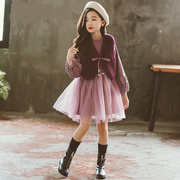 韩国女童秋冬款连衣裙，2024儿童装加绒加厚马甲，两件套装公主裙