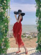 酒红色沙滩裙女小个子，海边拍照衣服超仙夏雪纺(夏雪纺)吊带长裙度假连衣裙