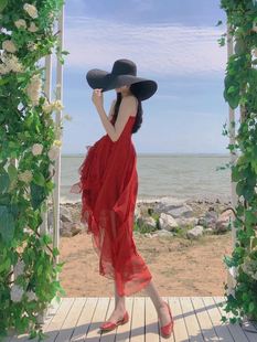 酒红色沙滩裙女小个子海边拍照衣服超仙夏雪纺(夏雪纺)吊带长裙度假连衣裙