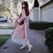 粉色双面羊绒大衣女中长款2023年秋冬系带小个子双面呢外套女