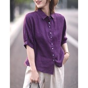 2024夏季文艺休闲减龄宽松显瘦纯色亚麻衬衫棉麻上衣女短袖紫色