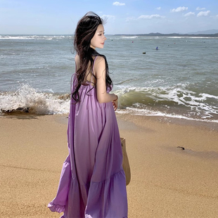 三亚海边度假沙滩裙温柔风紫色木耳边性感修身显瘦露背吊带连衣裙