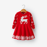 女童秋圣诞纯色毛衣裙(毛，衣裙)圆领麋鹿小雪花，套头连衣裙可爱百搭冬装打底