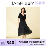 IAmMIX27法式V领连衣裙女时尚荷叶边拼接中长款短袖高腰网纱A字裙