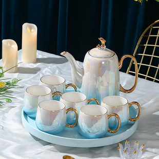 景德镇高档金边茶具套装陶瓷茶壶水壶套组水杯实用水具圆茶盘礼盒