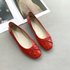 真皮方头浅口平底单鞋女法式复古红色漆皮蝴蝶结芭蕾舞奶奶鞋