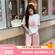 韩版盐系少女感清新减龄休闲时尚运动套装女扎花宽松短袖粉色长裤