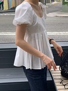 现~ounce韩国东大门女2024春夏圆领套头纯色宽松泡泡短袖衬衫