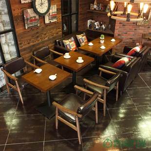 复古做旧美式咖啡厅，桌椅组合实木西餐厅桌椅，咖啡馆餐椅沙发餐桌椅