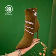 水钻超高细跟时装靴女秋网红尖头瘦瘦靴2023年时尚气质小短靴
