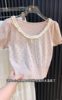 粉色蕾丝短袖镂空蝴蝶结，t恤女夏季甜美修身打底衫内搭短款小上衣