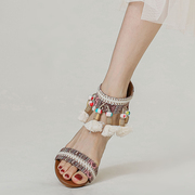 刺绣凉鞋女2024夏季波西米亚民族风复古流苏罗马坡跟旅游女鞋