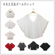 日本夏季文艺范森林(范森林)系，vintage古着孤品套头，衬衫波西米亚风蝙蝠袖