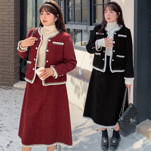胖人妹妹mm加肥特大号码冬女装微胖圣诞服饰，两件套名媛洋气套装