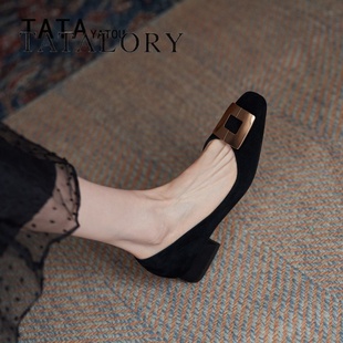 tatalory女鞋复古2024金属，大方扣瓢鞋，气质百搭粗跟浅口单鞋