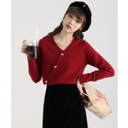 红色毛衣法式v领针织衫女秋冬设计感上衣内搭打底衫抽绳春秋外套