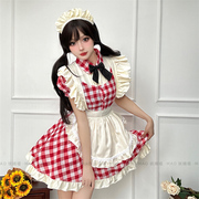 妖精喵:软妹cosplay女仆套装，红色格子连衣裙，lolita女佣制服cos服