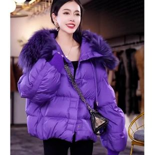 冬装紫色毛毛领(毛毛领)棉服，女2023年高级感超好看小个子外套