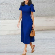 莱蒂齐亚王妃2024春季法式设计感蓝色荷叶袖圆领时通勤气质连衣裙