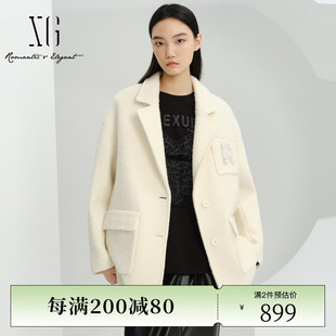 xg雪歌米白色中长款长袖风衣2023冬季纯羊毛，宽松翻领大衣女装